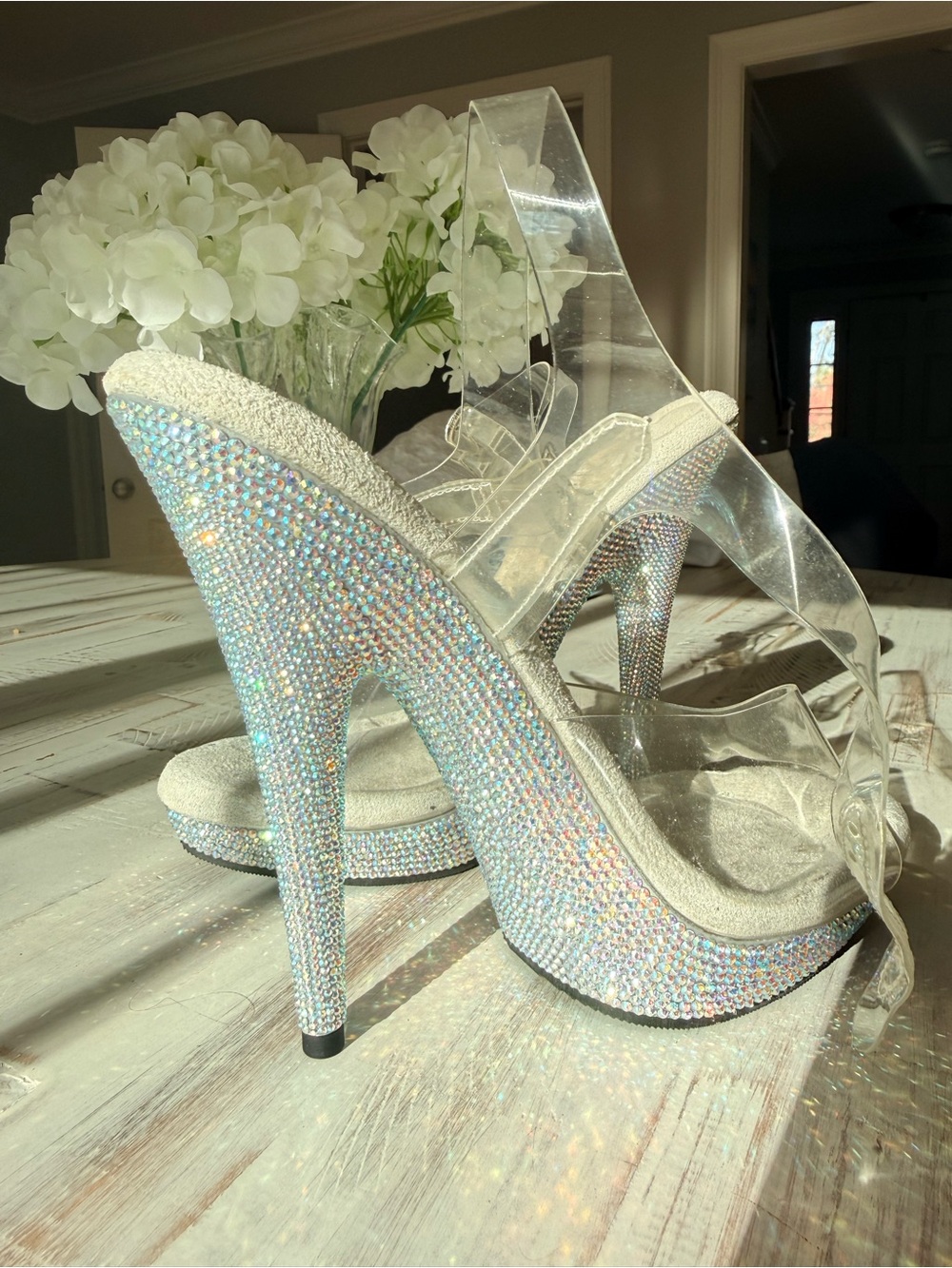 Crystal Rhinestone High Heel Sandals - Clear Straps, Iridescent Glitter